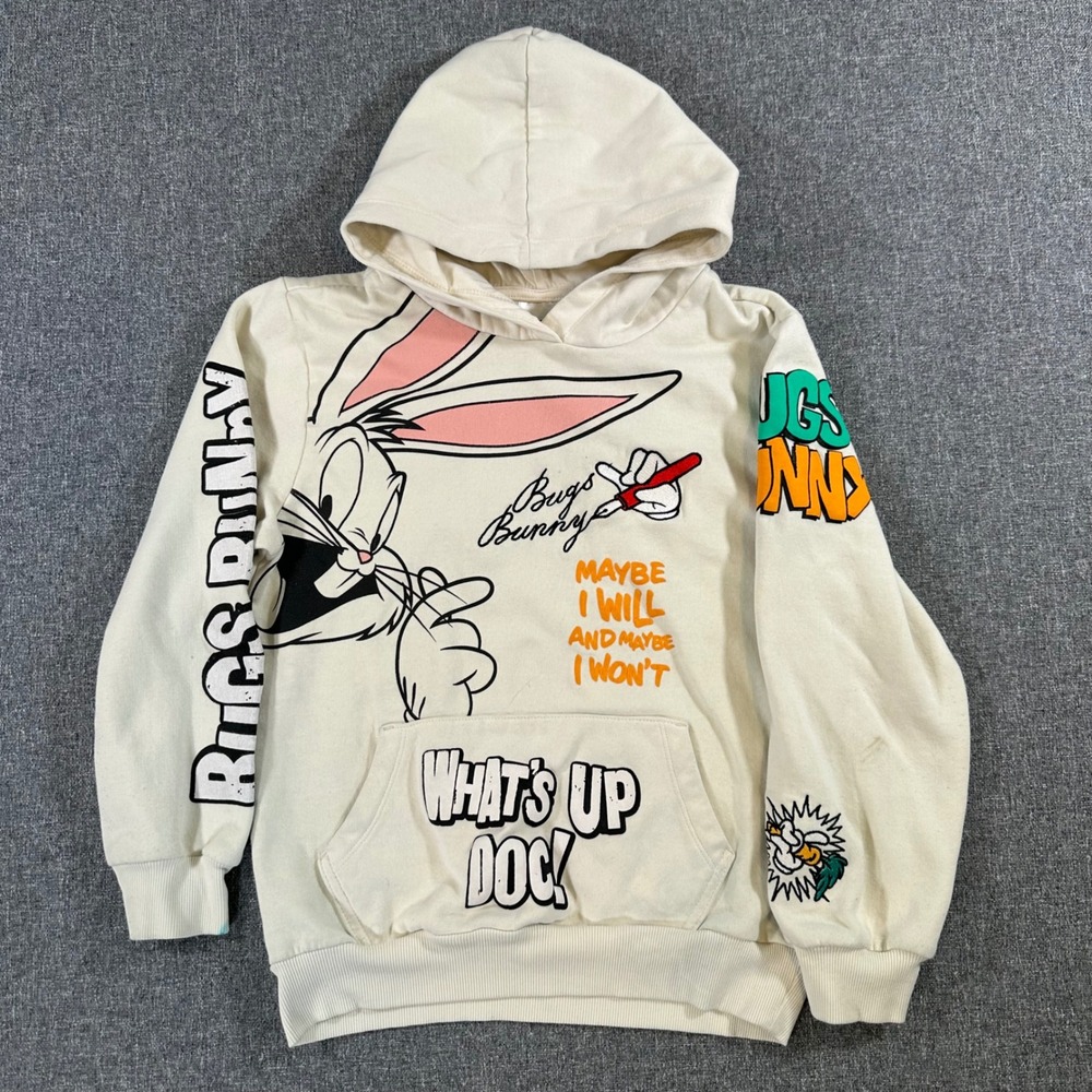 Looney Tunes Bugs Bunny‎ Kids Hoodie Cream Graphic Sweatshirt Size L 10-12
